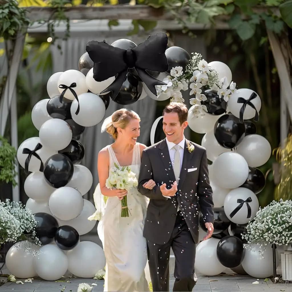 122pcs Black Bow Birthday Party Decorations With Pearl White Balloons for Girl Coquette Birthday Wedding Bridal Party Decoration