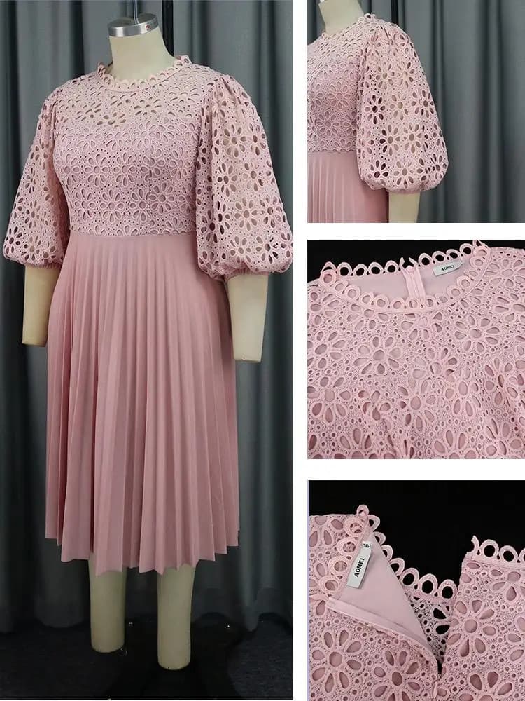 White Lace Puff Sleeve Pleated A-Line Dress