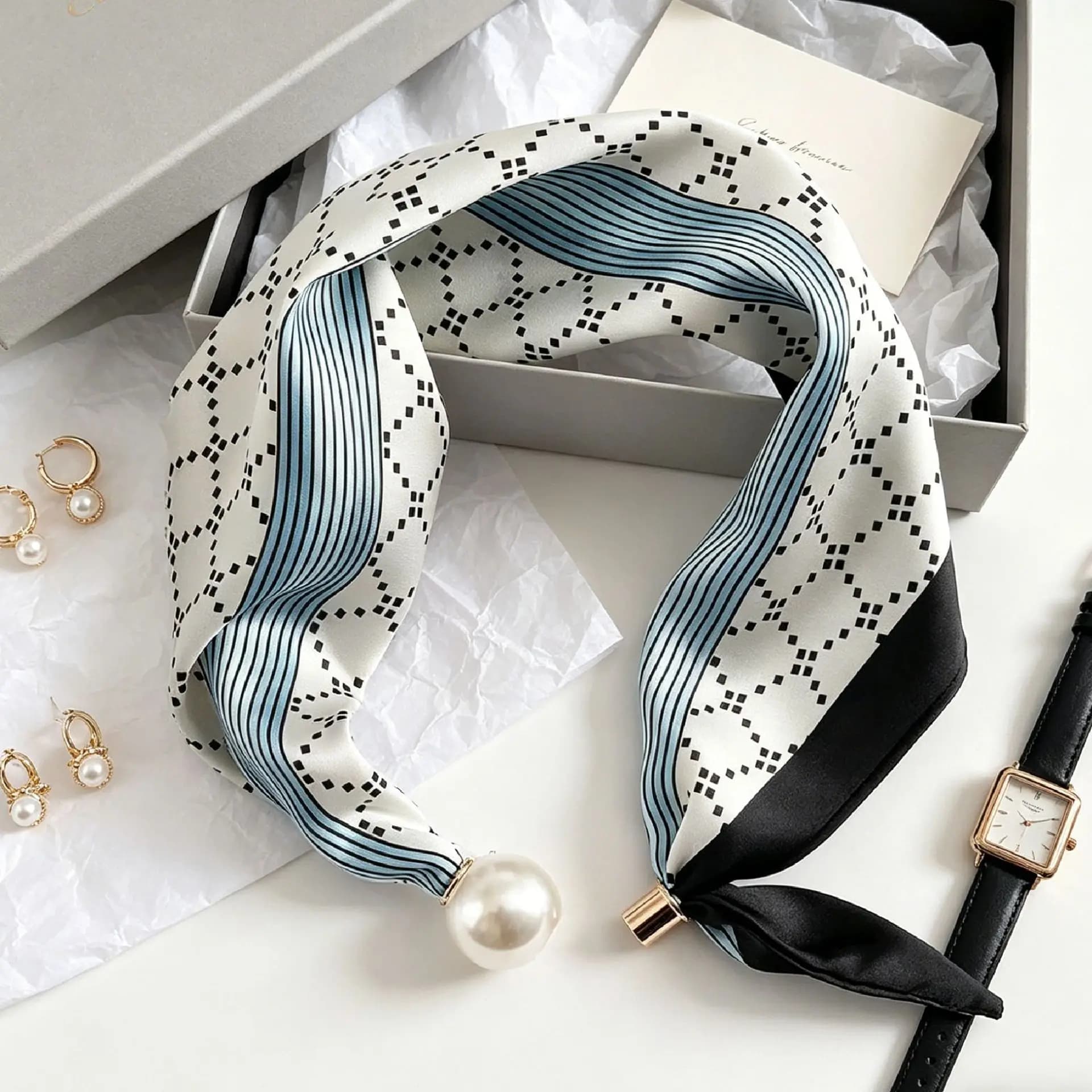 Pearl Stripe Magnetic Buckle Scarf