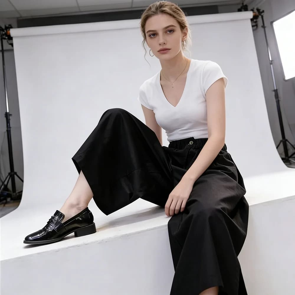 Black Wide Leg Casual Trousers with Pockets