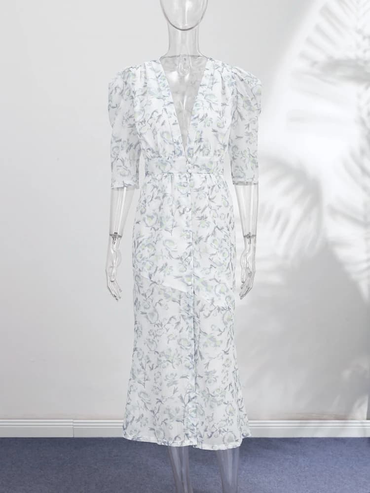 Print Dress Women's Floral Dresses Deep V-Neck Puff Sleeves Waist Button Elegant Linen Blend Maxi Dress Woman Clothes Daily Wear