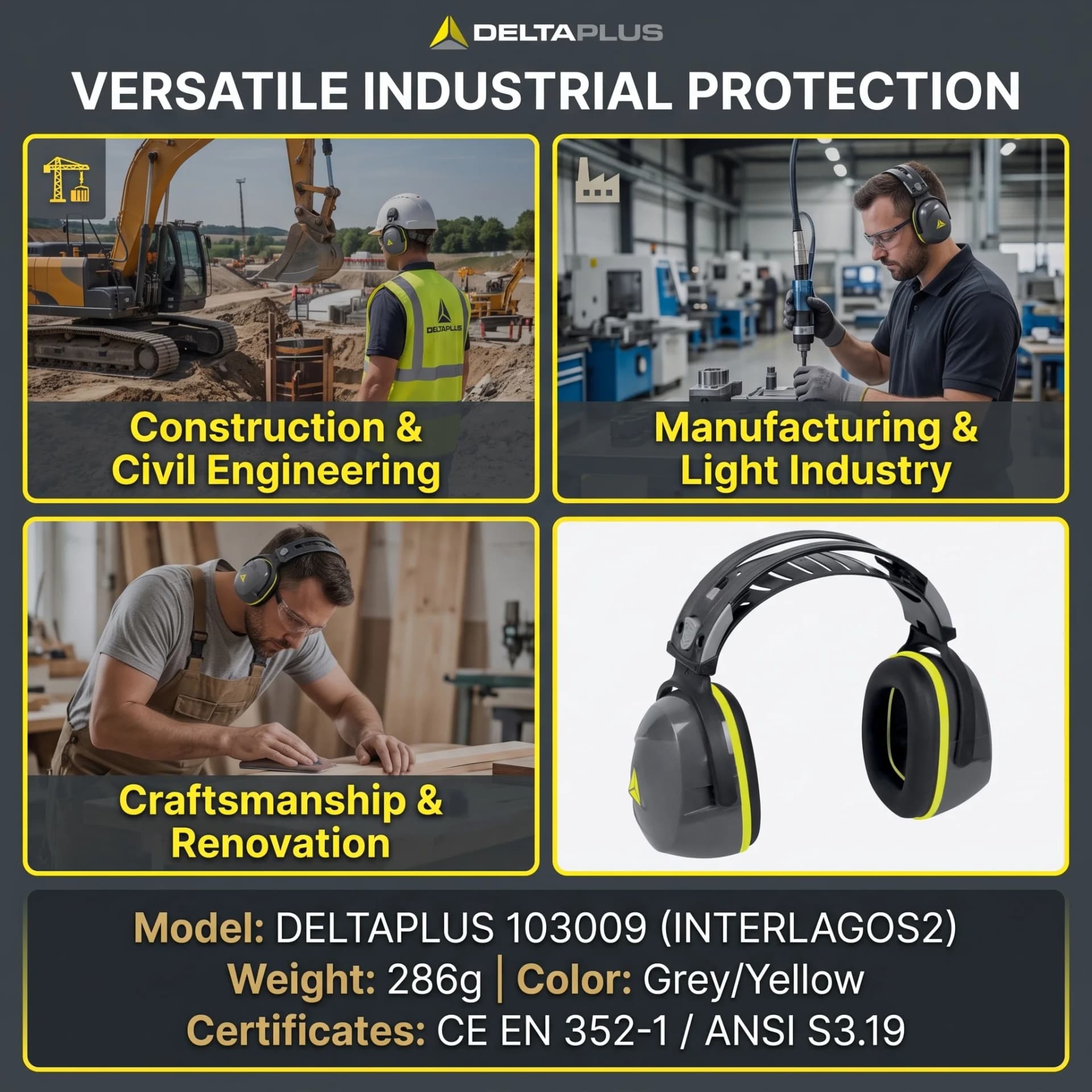 DELTAPLUS Earmuffs Noise Canceling Ear Protection Hearing Protection Industrial Safety Ear Defenders for Shooting Woodworking