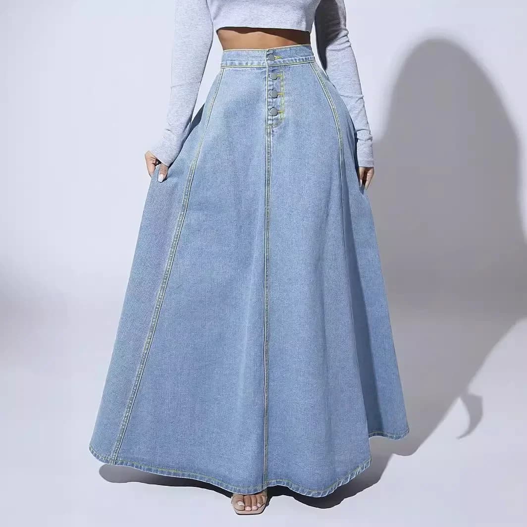High Waist A-Line Denim Maxi Skirt