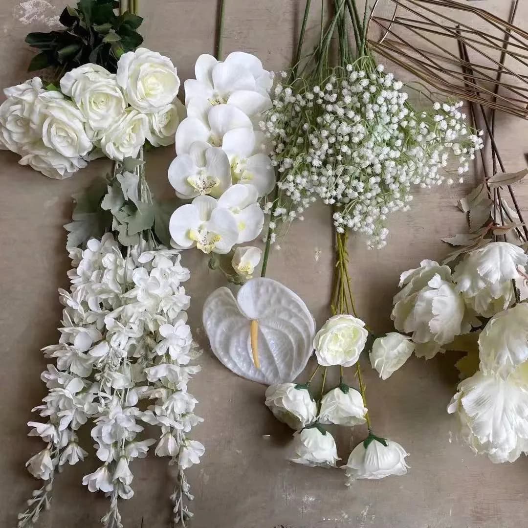 Wedding Decor Rose white artificial rose flower Green leaf row road guide Hydrangea flower silk flower