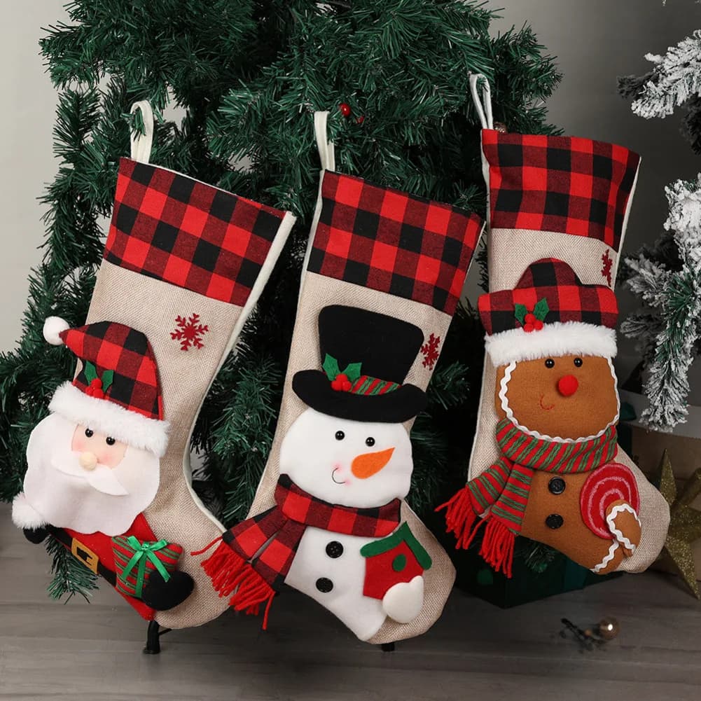 Christmas Stocking 19 Inch Plaid with 3D Plush Characters