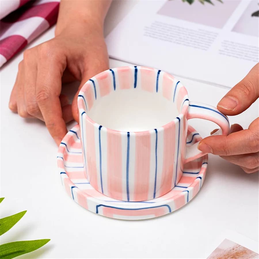 Ceramic Striped Coffee Cup with Plate