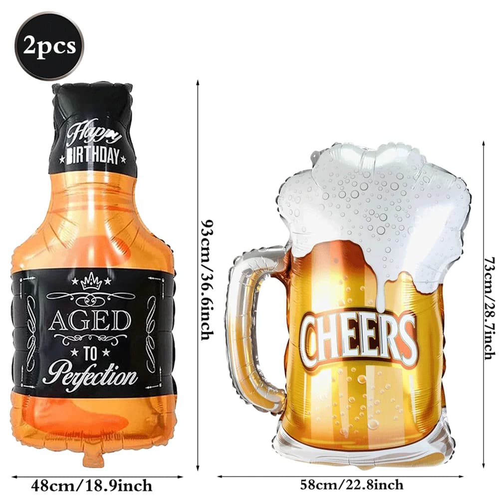 Adult Birthday Party Decor Large Champagne Foil Balloons Beer Mug Helium Globos for Men Women Black Gold Happy Birthday Banner