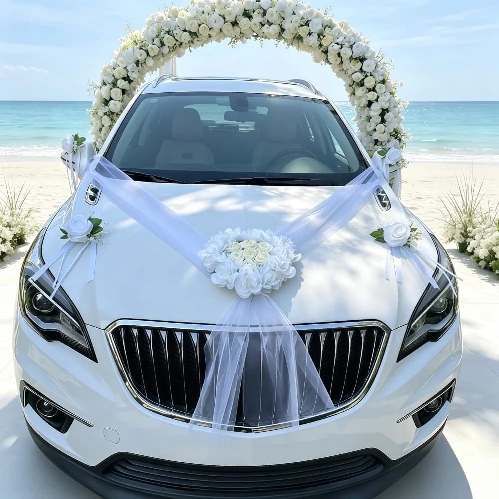 Wedding Car Decoration Full Set Romantic Wedding Car Decor with Tulle Accessories Simulated White Rose Complete Main Car Set
