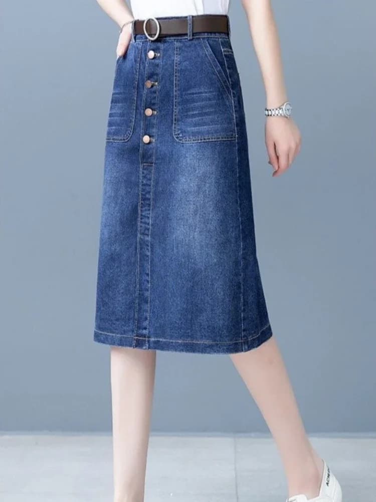 High Waist Denim Midi Skirt with Slit