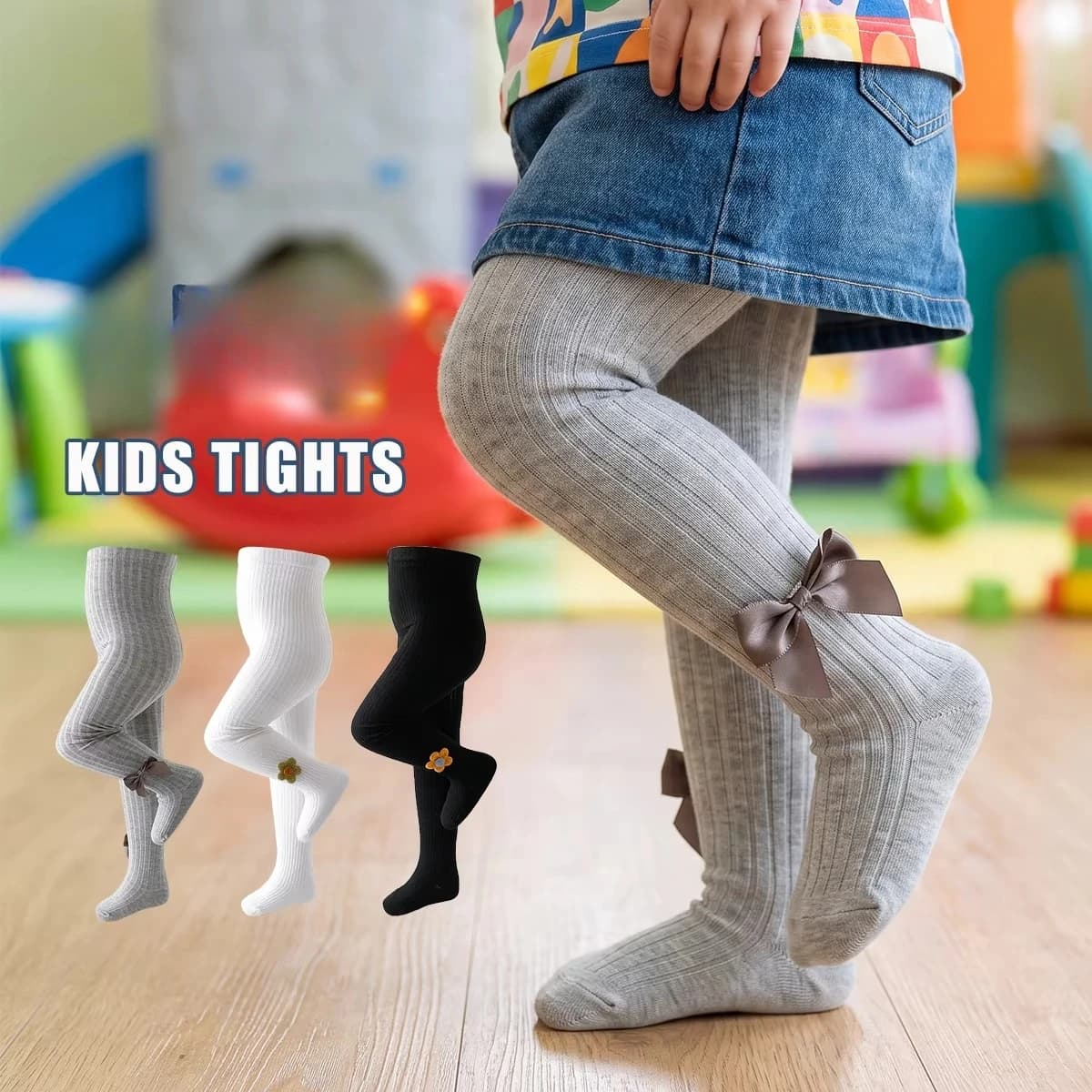 Kids Ribbed Tights With Floral Bow