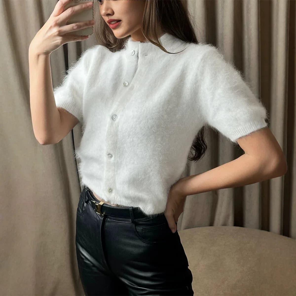 Women Fall Winter Fashion Vintage Half High Neck Slim Short Sleeve Knitted Cardigan Sweater