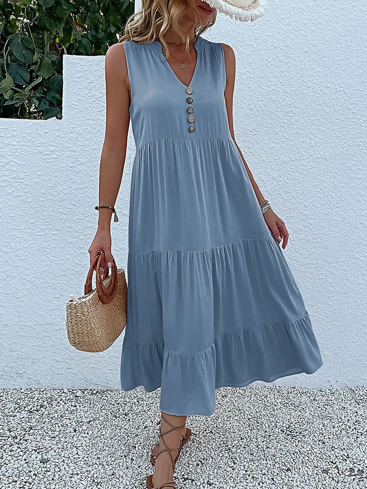 Casual Summer Midi Dress Sleeveless V-Neck