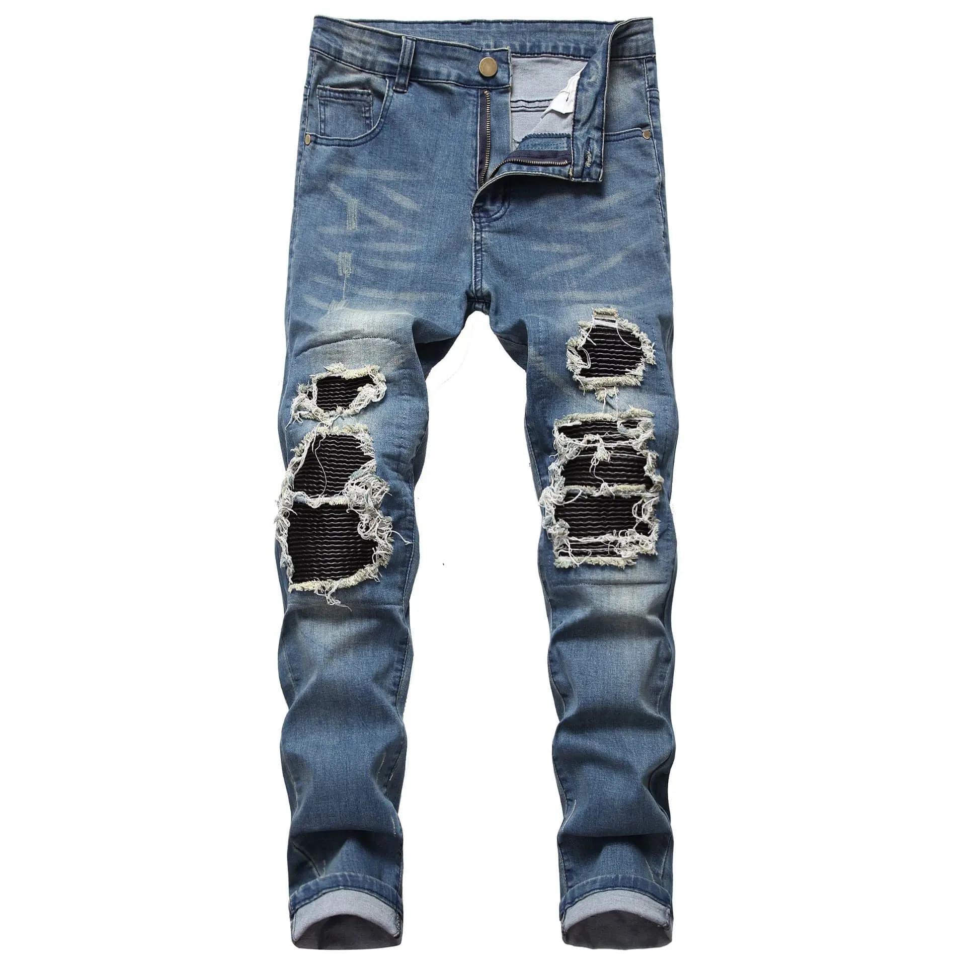 Men's Slim Fit Distressed Jeans with Black Peaks