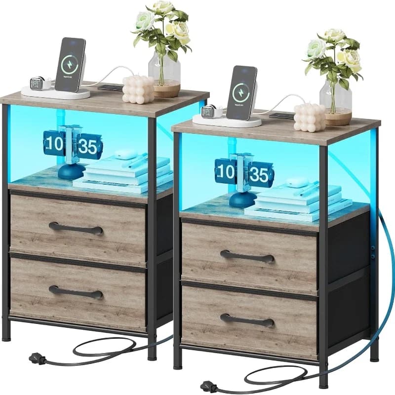 Nightstands Set Charging Station Cool Lights Bedside Table Fabric Drawers Bedroom Small Side End Table With Open Shelf Greige