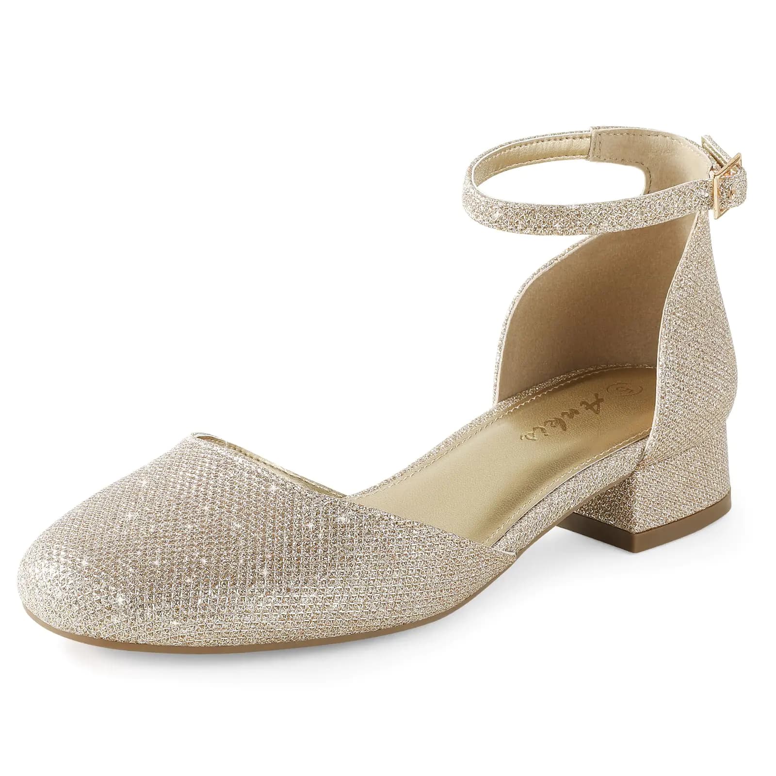 Gold Closed Toe Block Heel Pumps