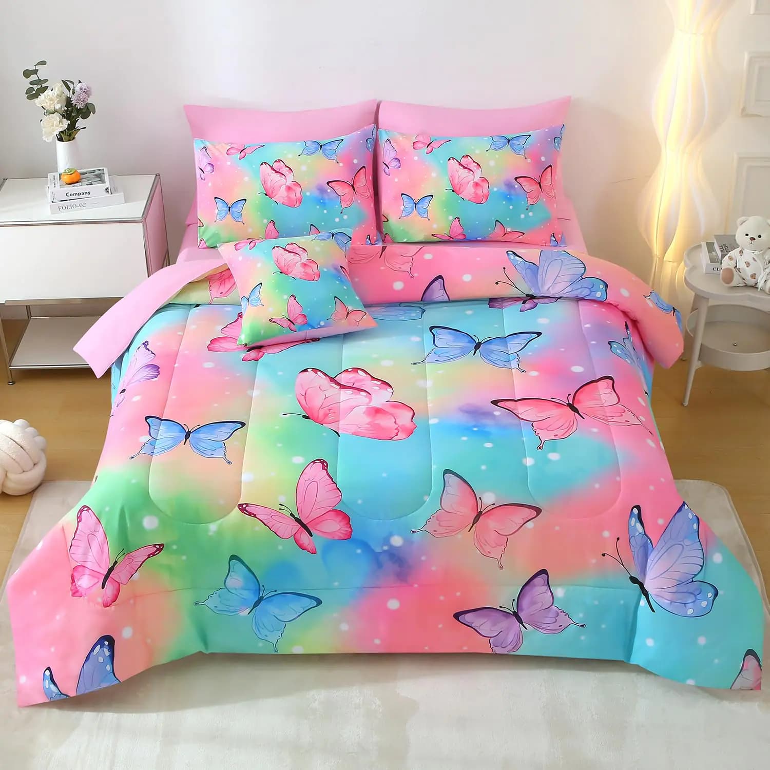 JQinHome 6 Pc Butterfly Comforter Set Twin3D Rainbow Butterfly Bedding Set for Girls WomenAll Season Microfiber Butterfly Design Bedding Collection with Pillowcase Flat & Fitted Sheet (Rainbow)