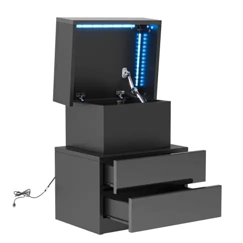 LED Modern Black Nightstand With Drawers
