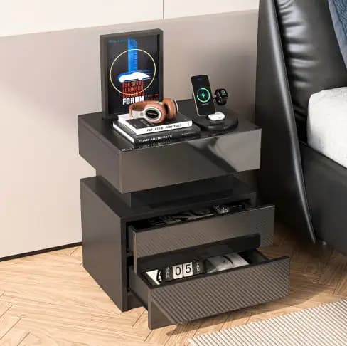 LED Modern Black Nightstand With Drawers