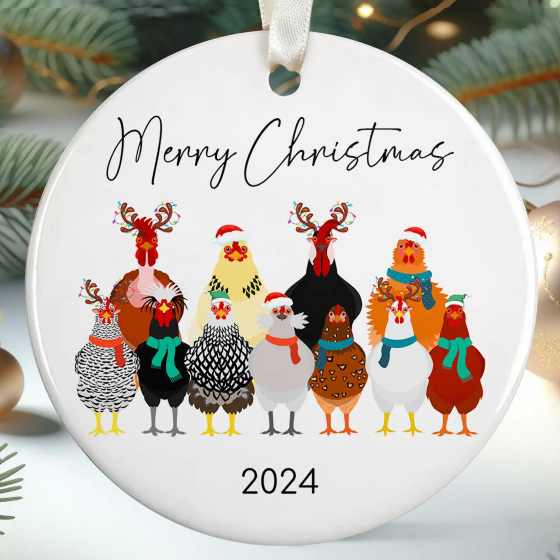 Ceramic Chicken Christmas Ornament