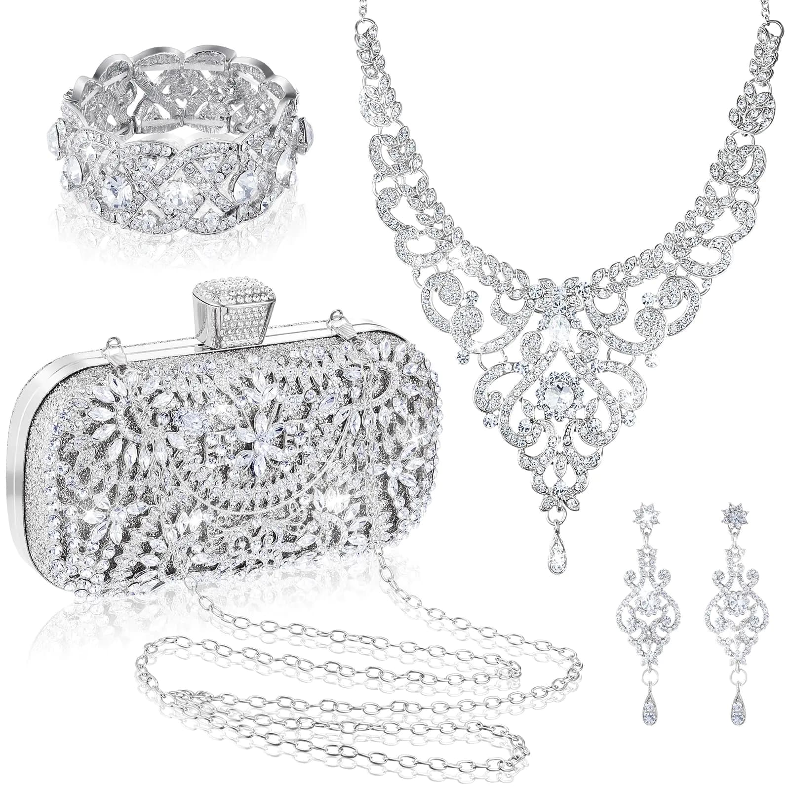 Rhinestone Jewelry Set Silver Evening Clutch Bag