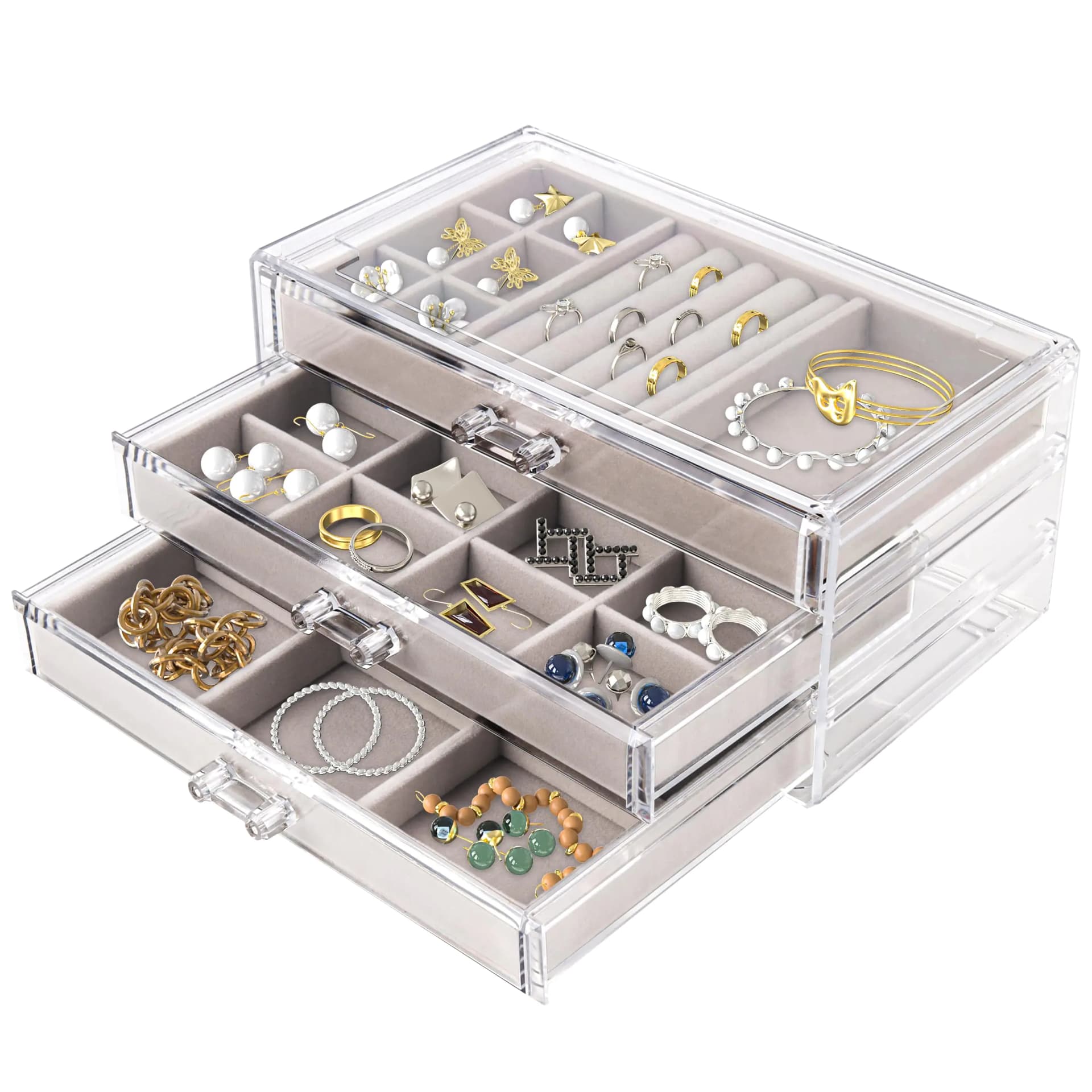 Acrylic Jewelry Organizer With Three Velvet Drawers Grey