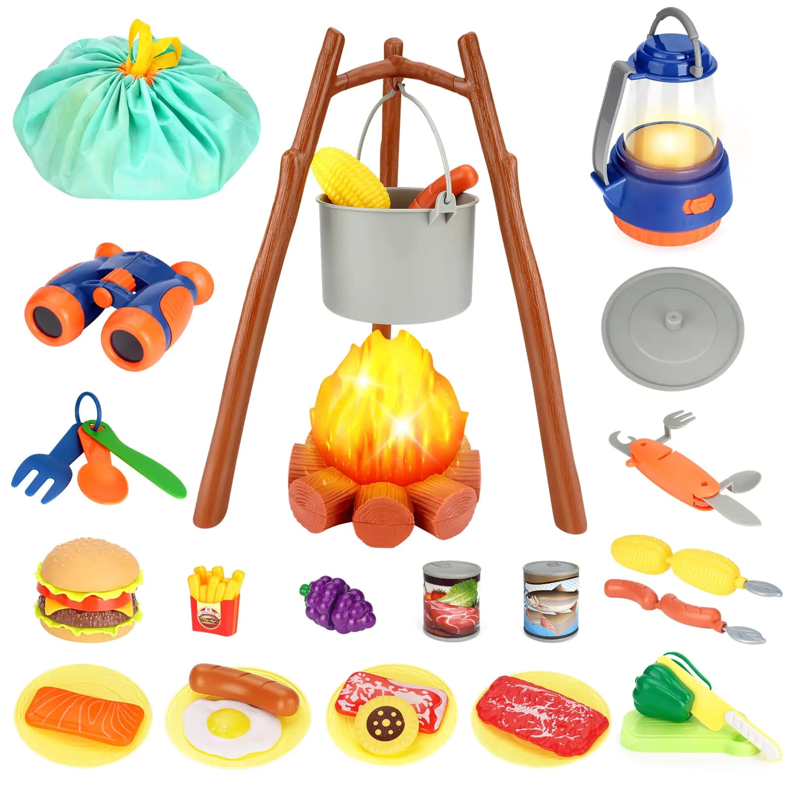 Kids Camping Pretend Play Set With Cutting Food