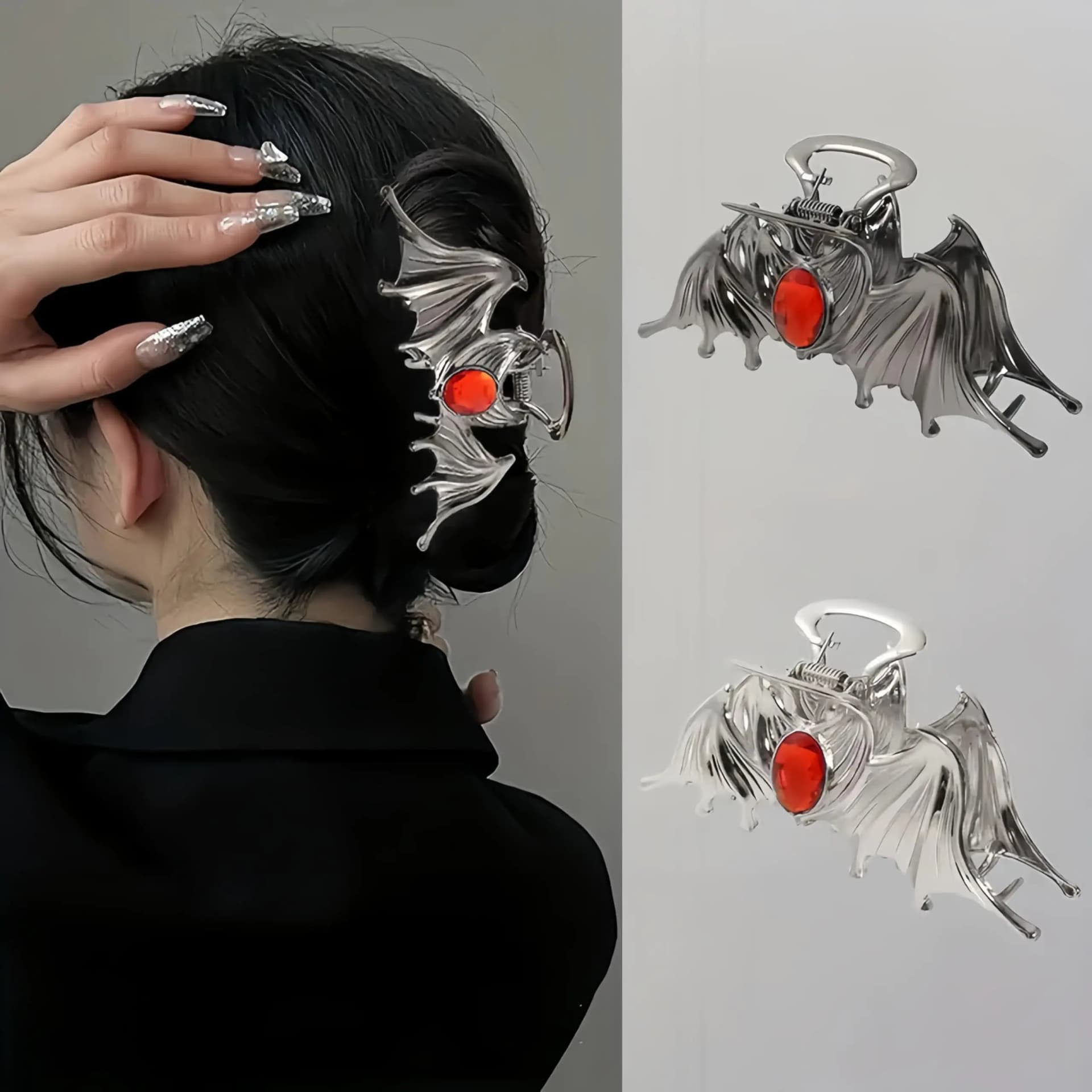 Halloween Hair Clips for Women Girls Bat Hair Claw Clip Black & Silver Metal Non-Slip Jaw Clips Bat Wings Design Cosplay Party Halloween Decorations Accessories 2PCS