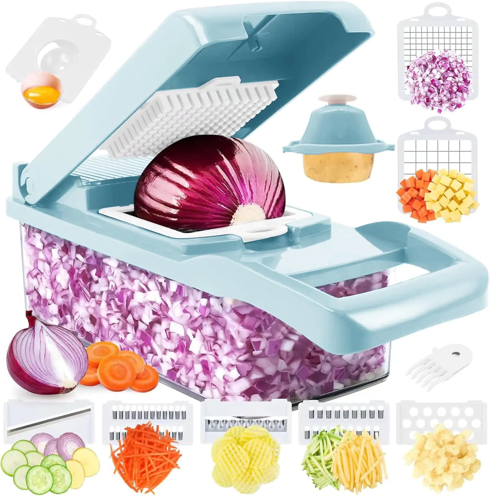 Artbros Vegetable Chopper with Container 13 in 1 Veggie Chopper Box Mandoline Slicer Food Cutter Shredder Mandolin for Veggie Onion Salad Fruit Potato Blue (Kitchen Gadget & Essential)