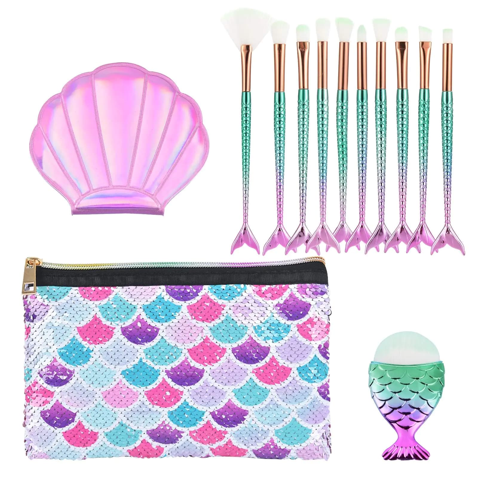 Mermaid Makeup Brush Set With Cosmetic Bag