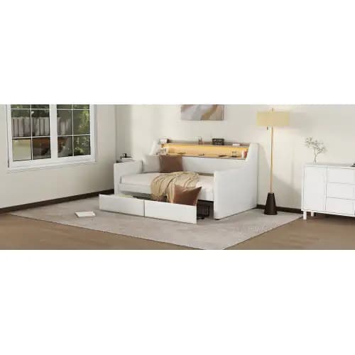 Twin Size Daybed With Drawers, Upholstered Daybed With Charging Station And LED Lights, White