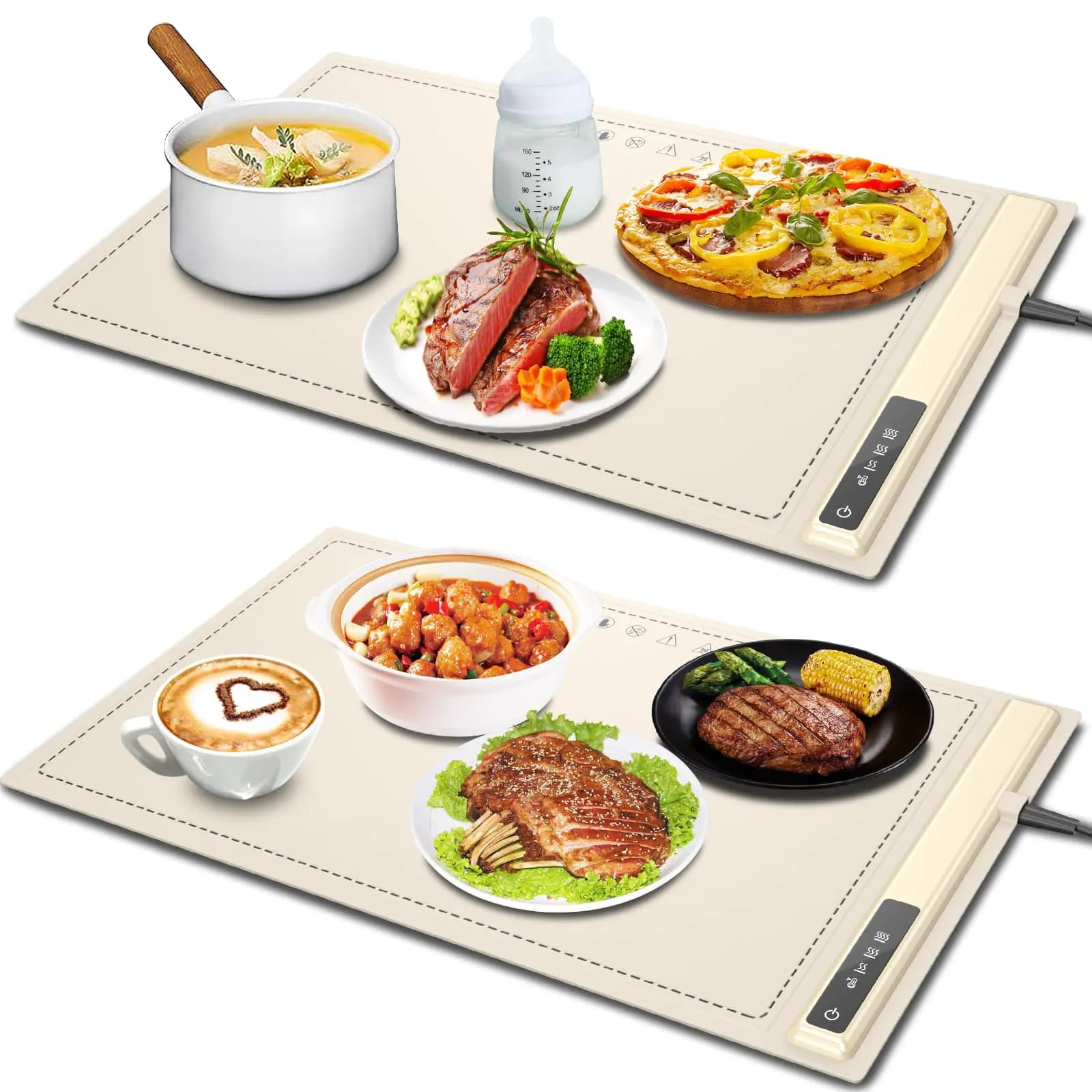 Electric Warming Tray, Foldable Silicone, Beige, 2-Pack