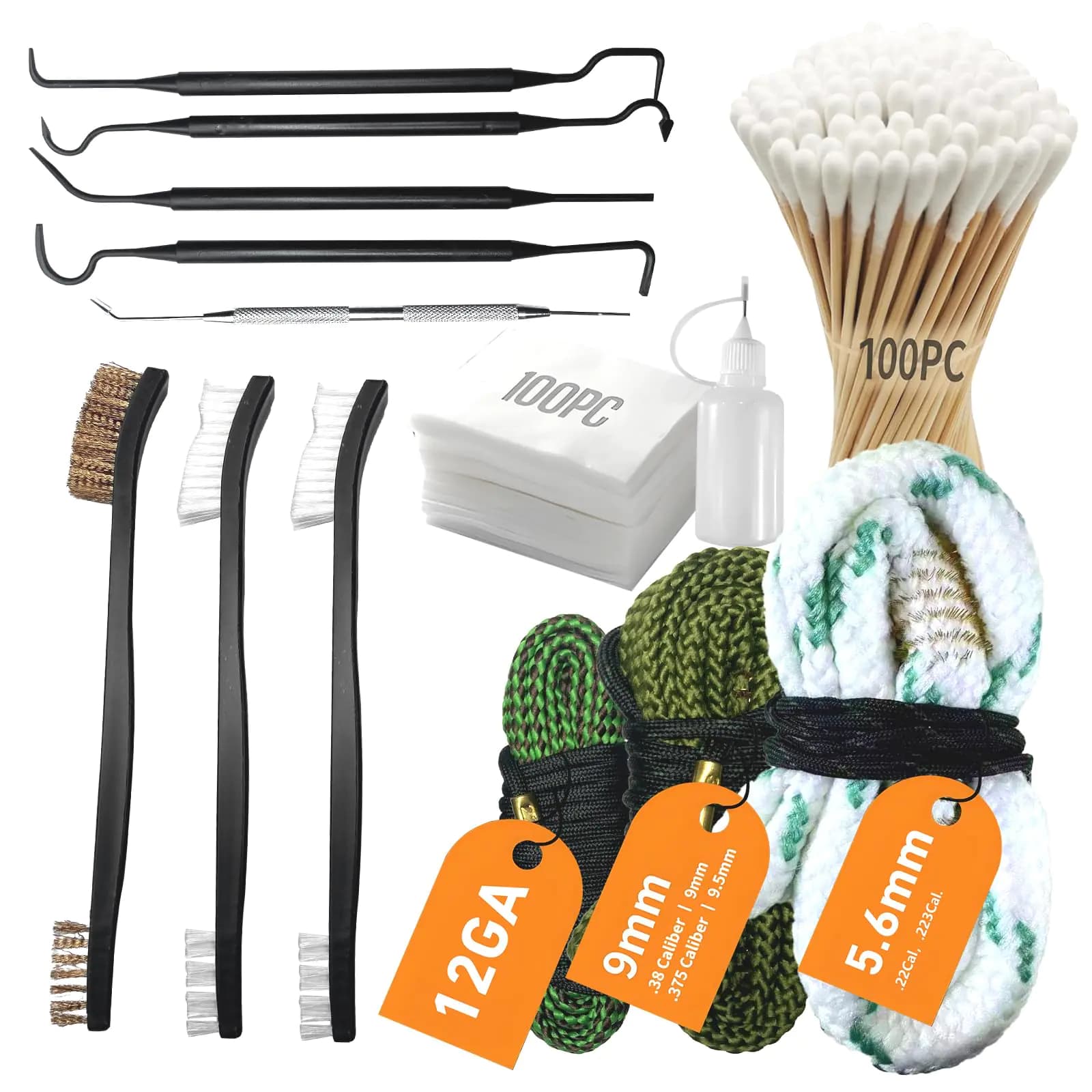 Bore Cleaner 9mm Gun Cleaning Kit for 12Ga / 5.56 / 9mm Gun Cleaning Snake in Carry-on BagIncl.Gun Cleaning Patches Gun Cleaning Swabs Gun Brushes Cleaning PicksSnake with Brush Cleaning Kit