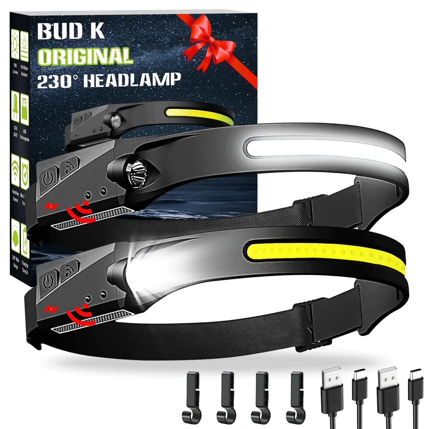 Rechargeable LED Headlamp, 2-Pack with Motion Sensor