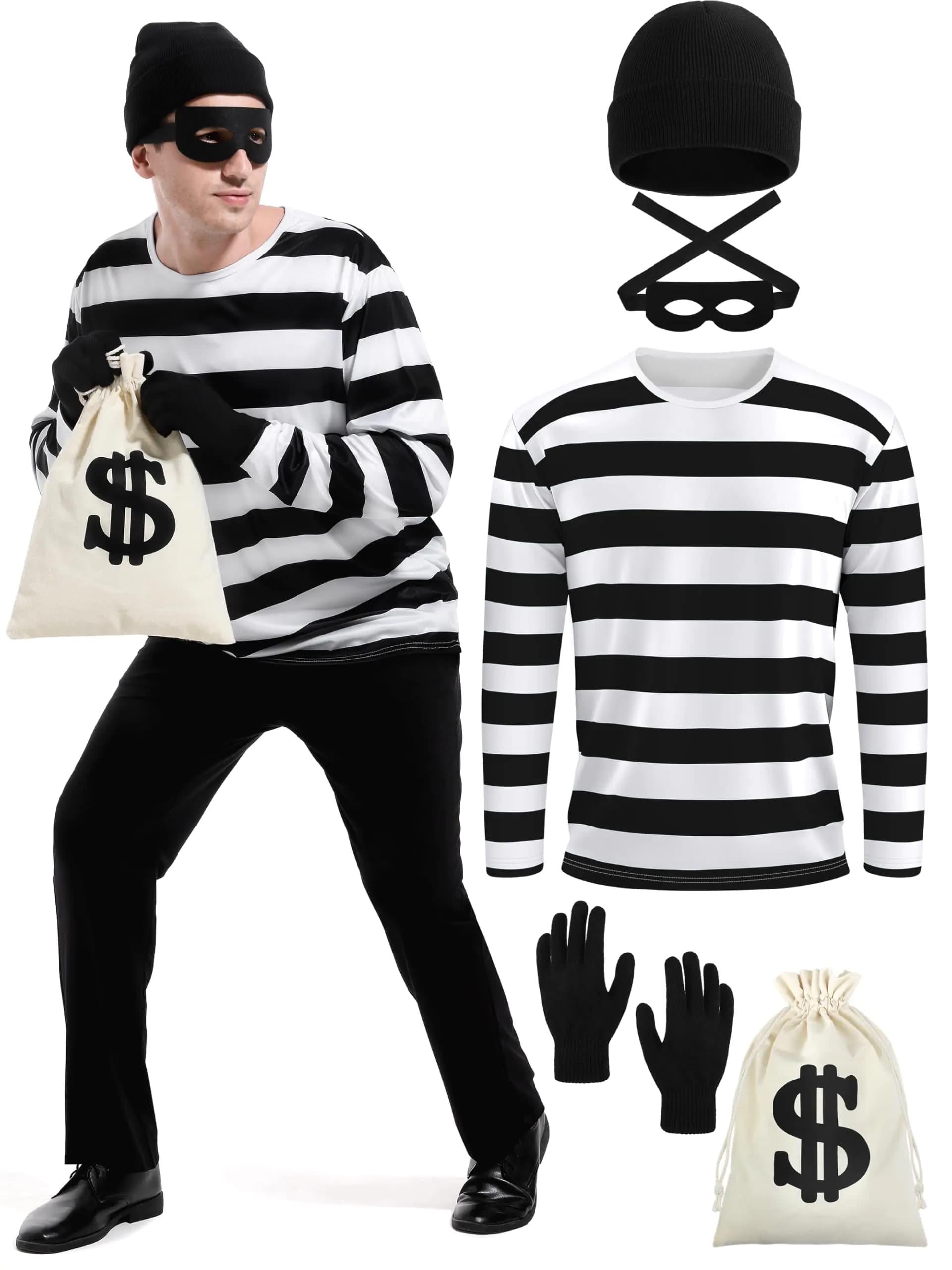 FancyFun 5 Pieces Halloween Costume Set Mens Robber Costume Halloween Cosplay Costumes Burglar Accessories Striped Shirt for Adult S