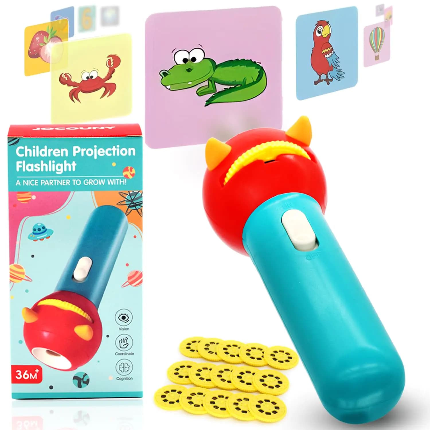 Children's Projector Flashlight with 15 Discs, Blue-Red