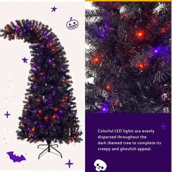 6FT Artificial Fir Bent Top Halloween Christmas Tree, Xmas Tree Bendable Style Christmas Tree Holiday Decoration W1,080 Branch Tips, 300 LED Lights X Mas Halloween Style