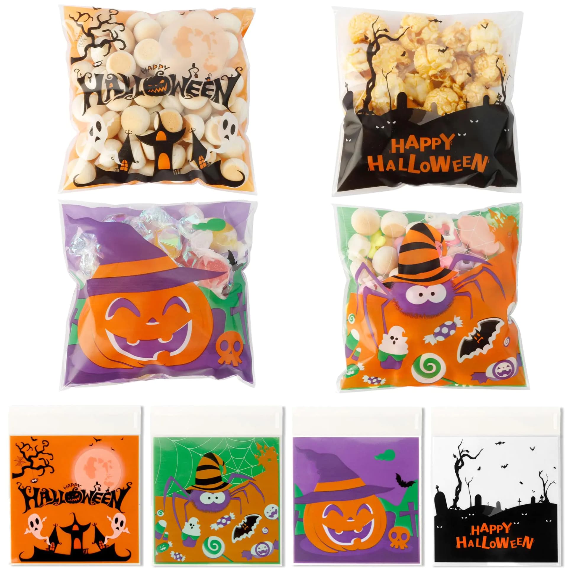 Halloween Treat Bags 100PCS Self-sealing Halloween Candy Bags Halloween Trick or Treat Bags Halloween Cellophane Treat Bags Bulk Halloween Decorations Gift Bags Halloween Goodie Snack Bags for Candy