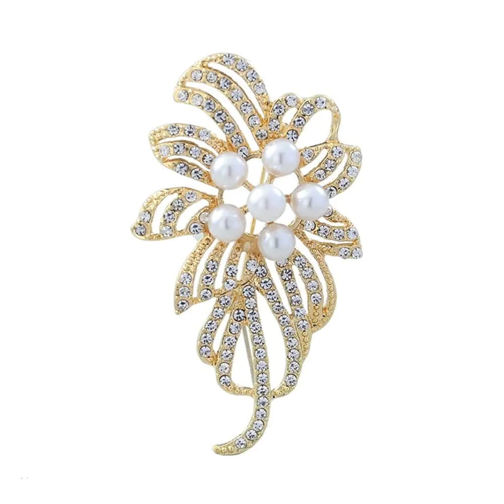 Delicate Pearl Rhinestone Crystal Flower Brooch Pin for Women Dress Hat Decoration Bride Engagement Wedding Jewelry-Style 3: Gold