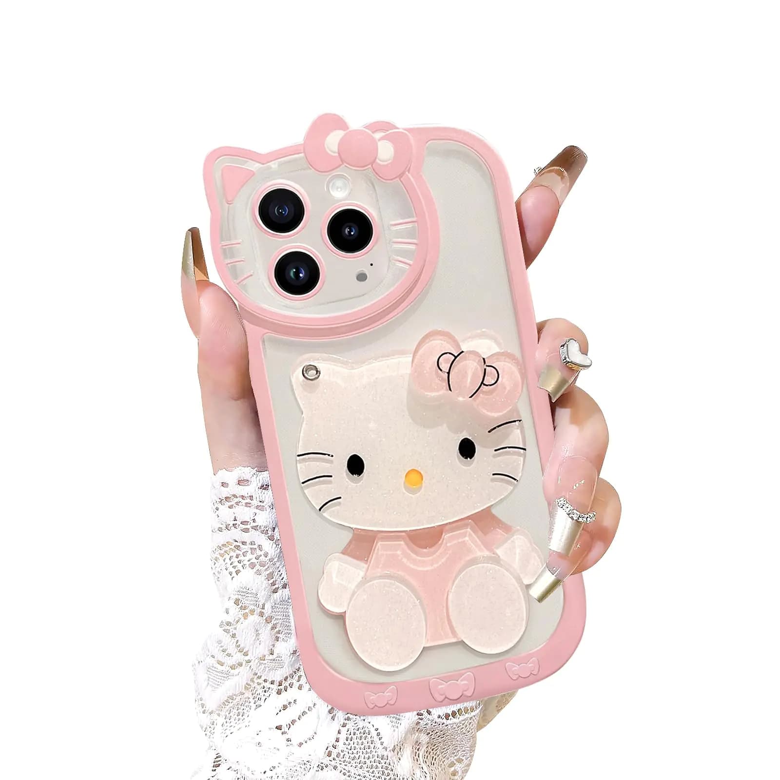 for iPhone 13 Pro Max Kawaii Cartoon Cute Pink Phone Case，with Mirror, Makeup Mirror Phone Case, Pink Cute Girl Phone Case