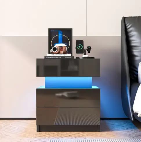 LED Modern Black Nightstand With Drawers