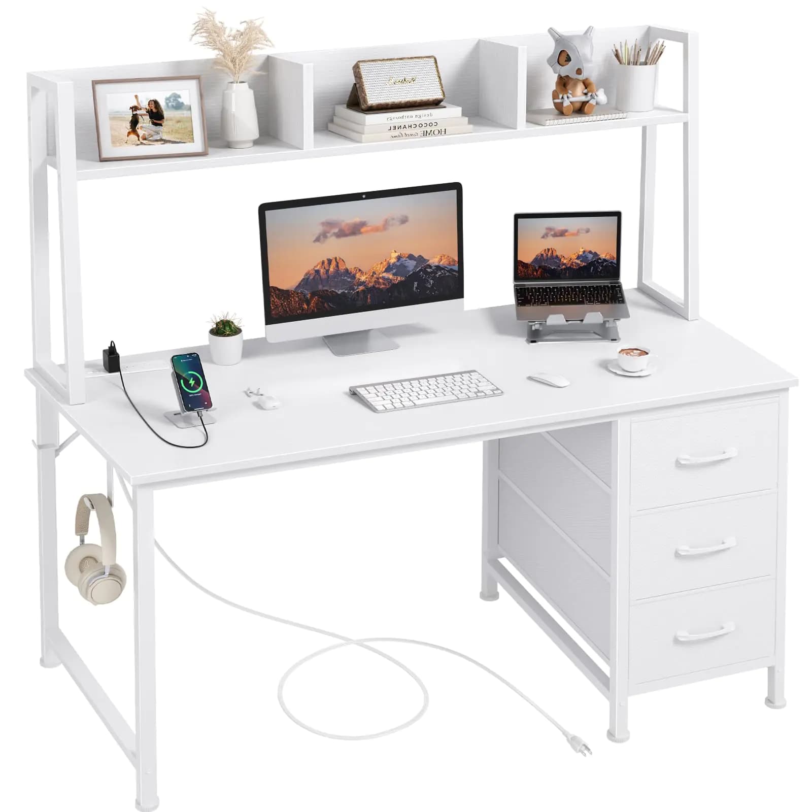 White Computer Desk with Hutch and Drawers