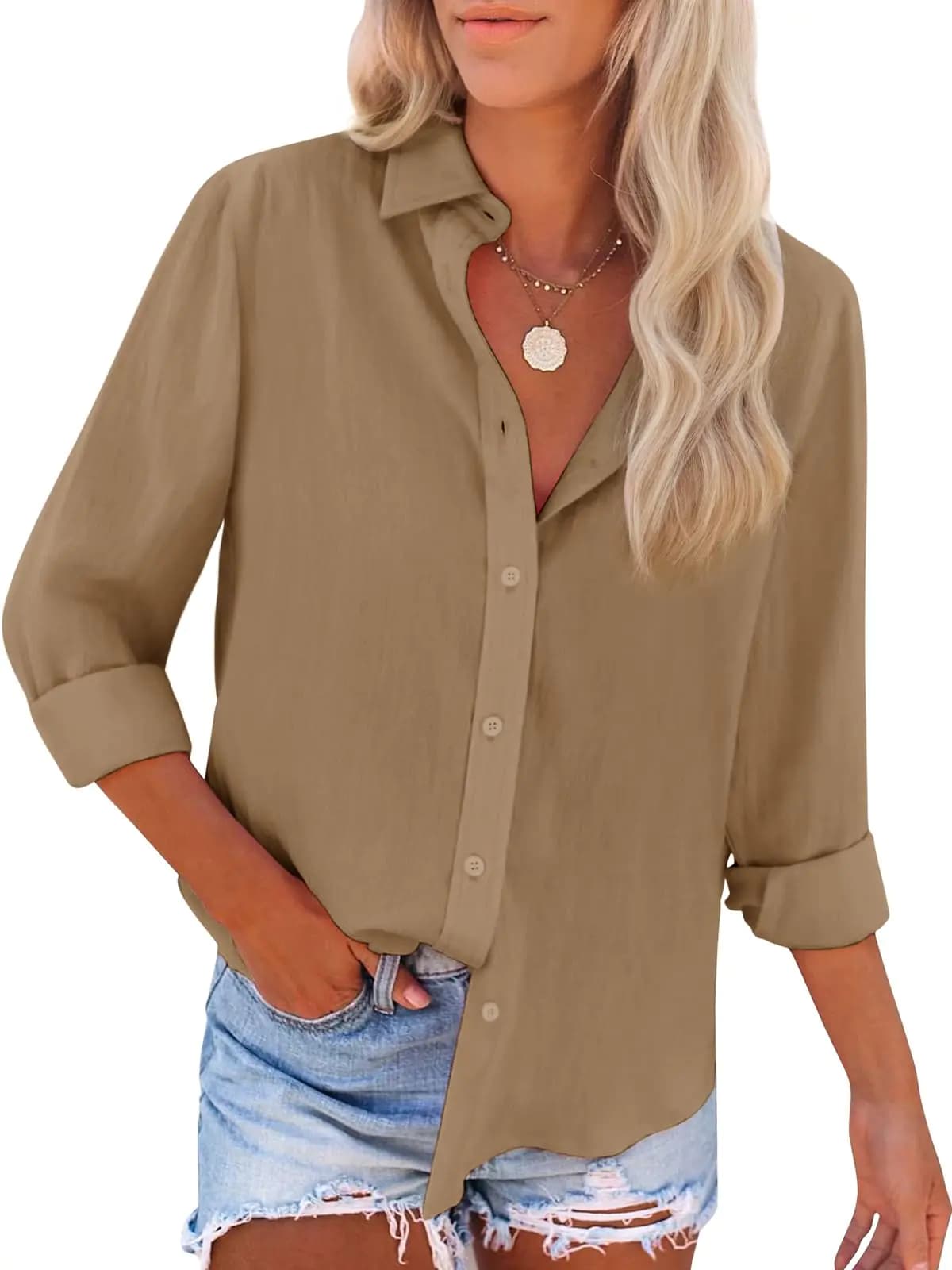 Women's Khaki Wrinkle-Free Long Sleeve Button-Down Shirt