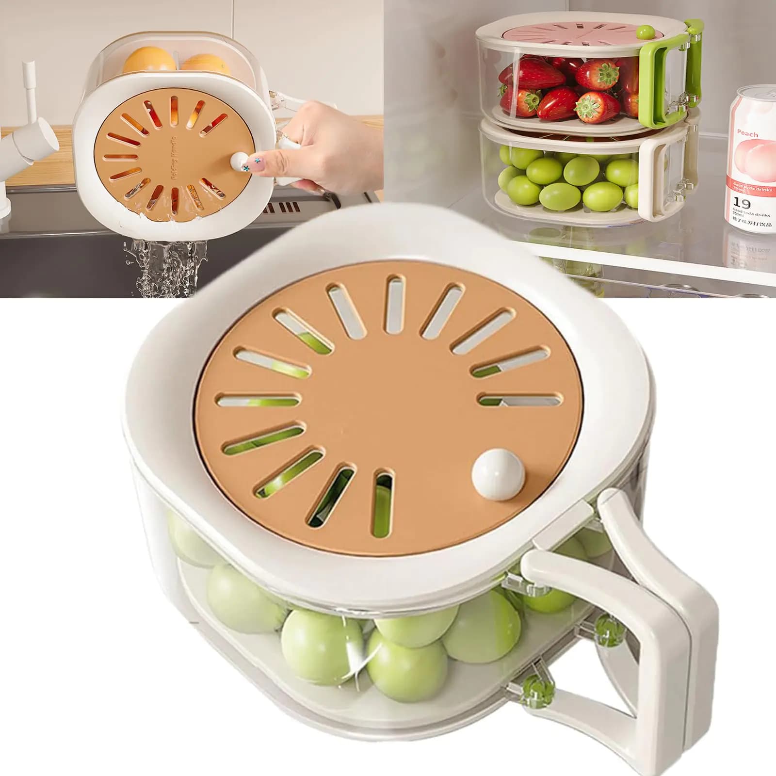 Multifunctional Fruit Washing Bowl with Strainer, Brown