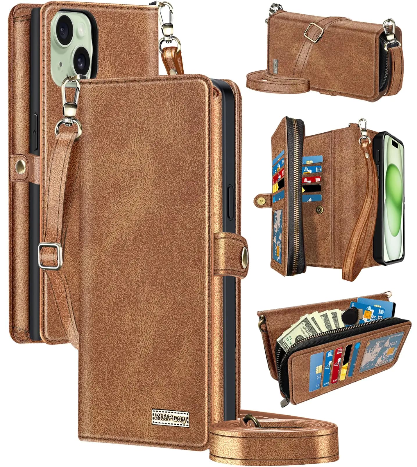 Leather Wallet Case iPhone 15 Plus Brown