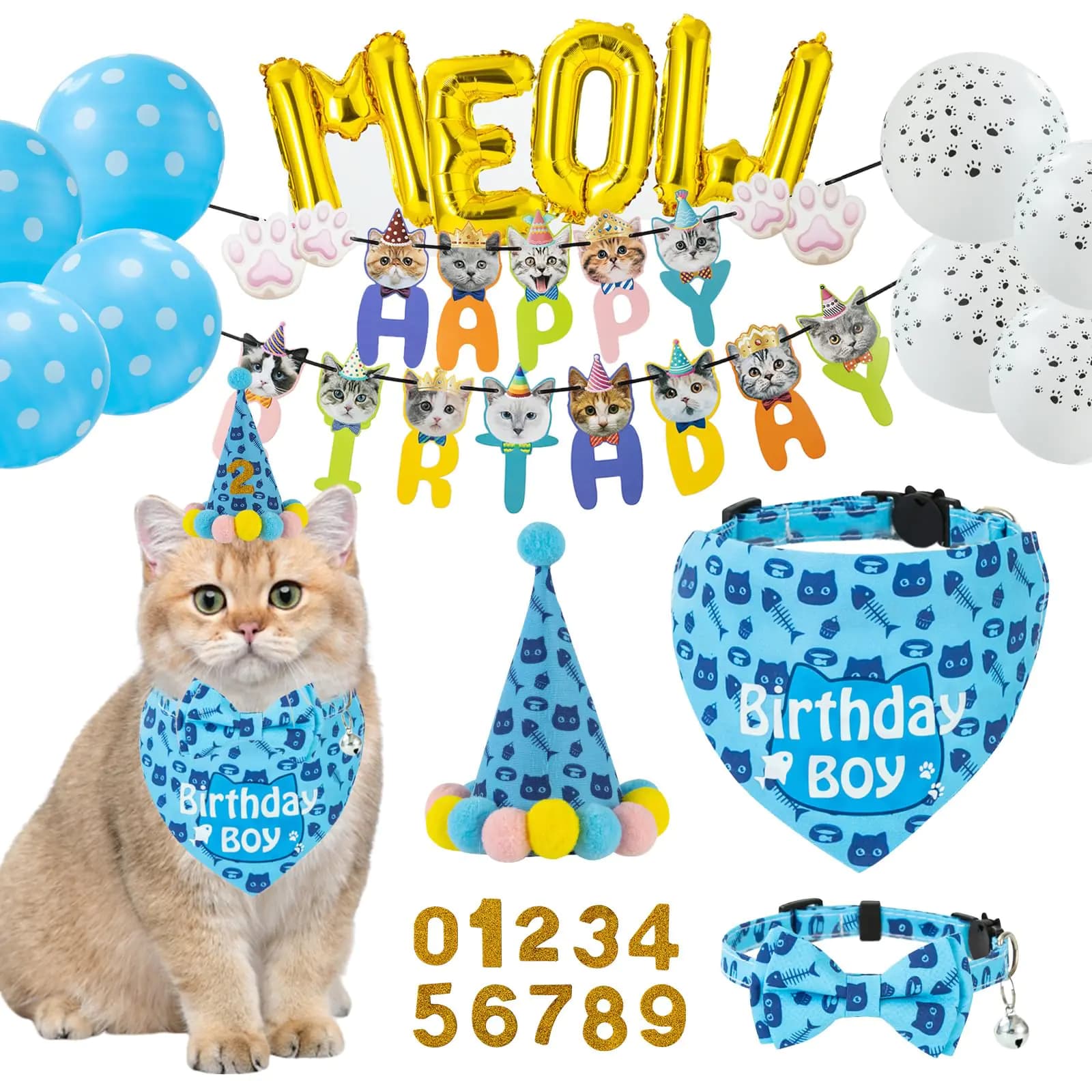 Cat Birthday Party Supplies Set Blue