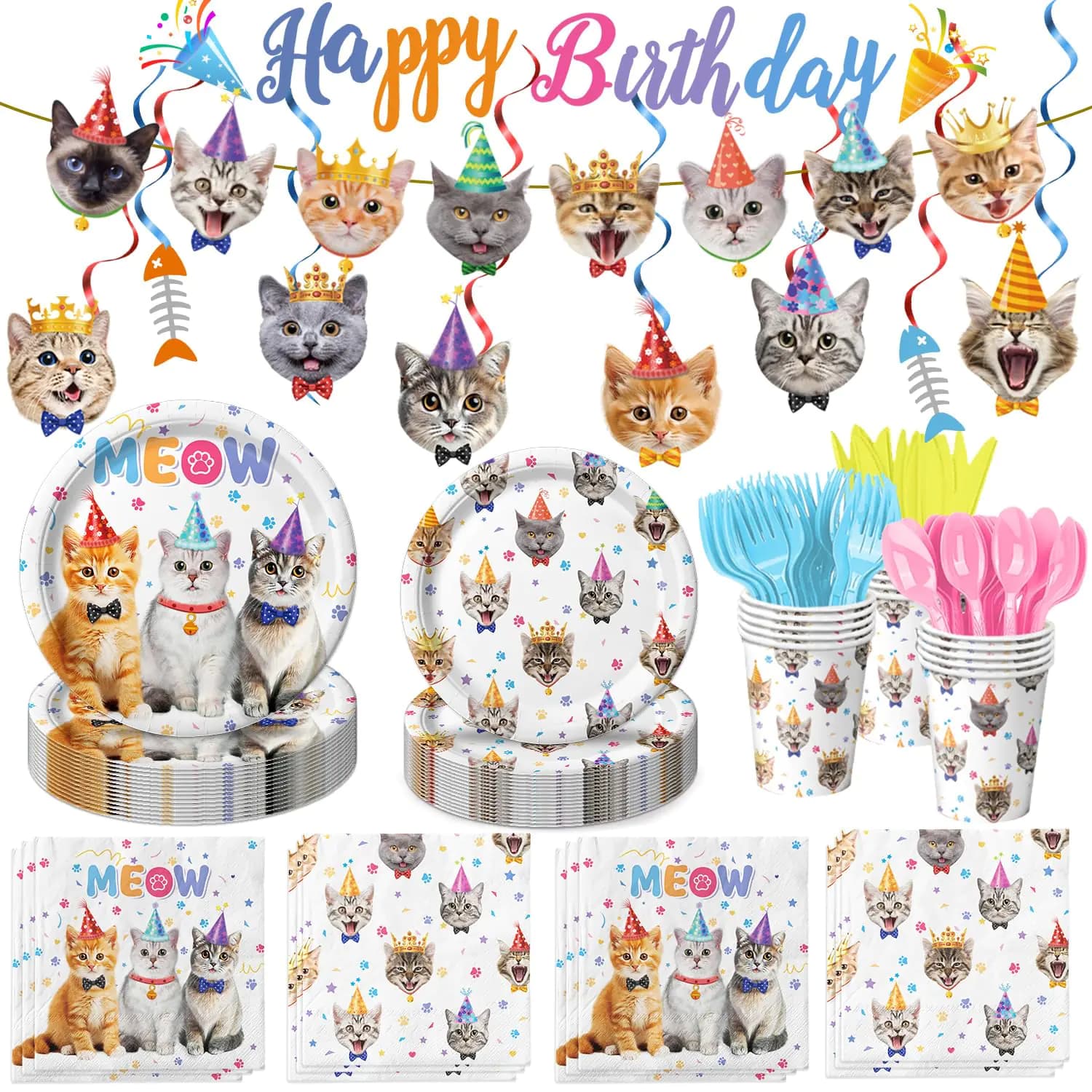 Cat Birthday Party Supplies Set for 24