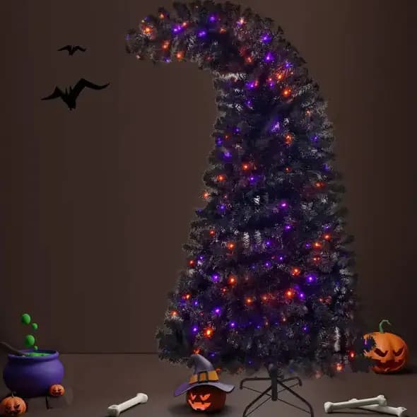 6FT Artificial Fir Bent Top Halloween Christmas Tree, Xmas Tree Bendable Style Christmas Tree Holiday Decoration W1,080 Branch Tips, 300 LED Lights X Mas Halloween Style