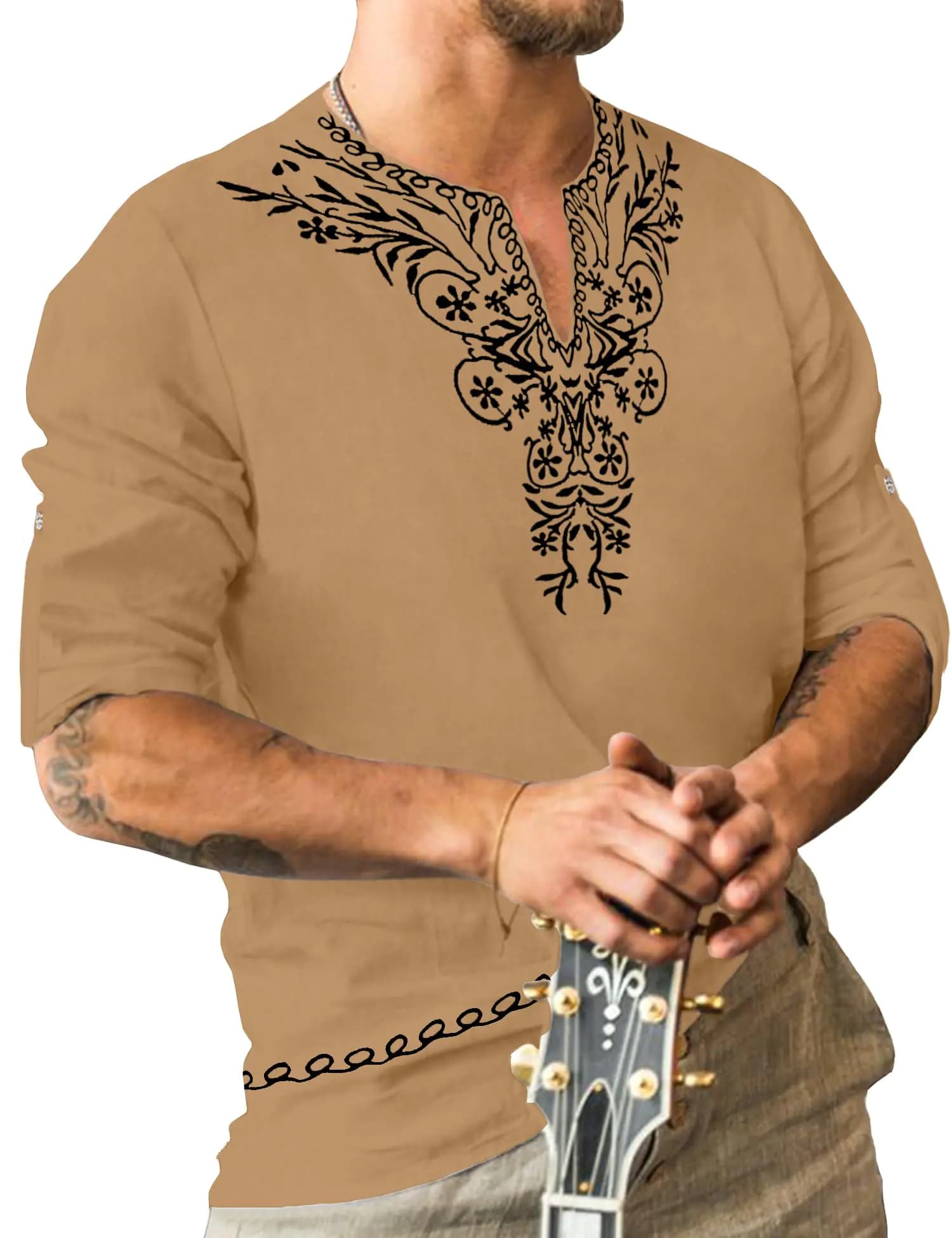 Men's Linen Khaki Henley Shirt