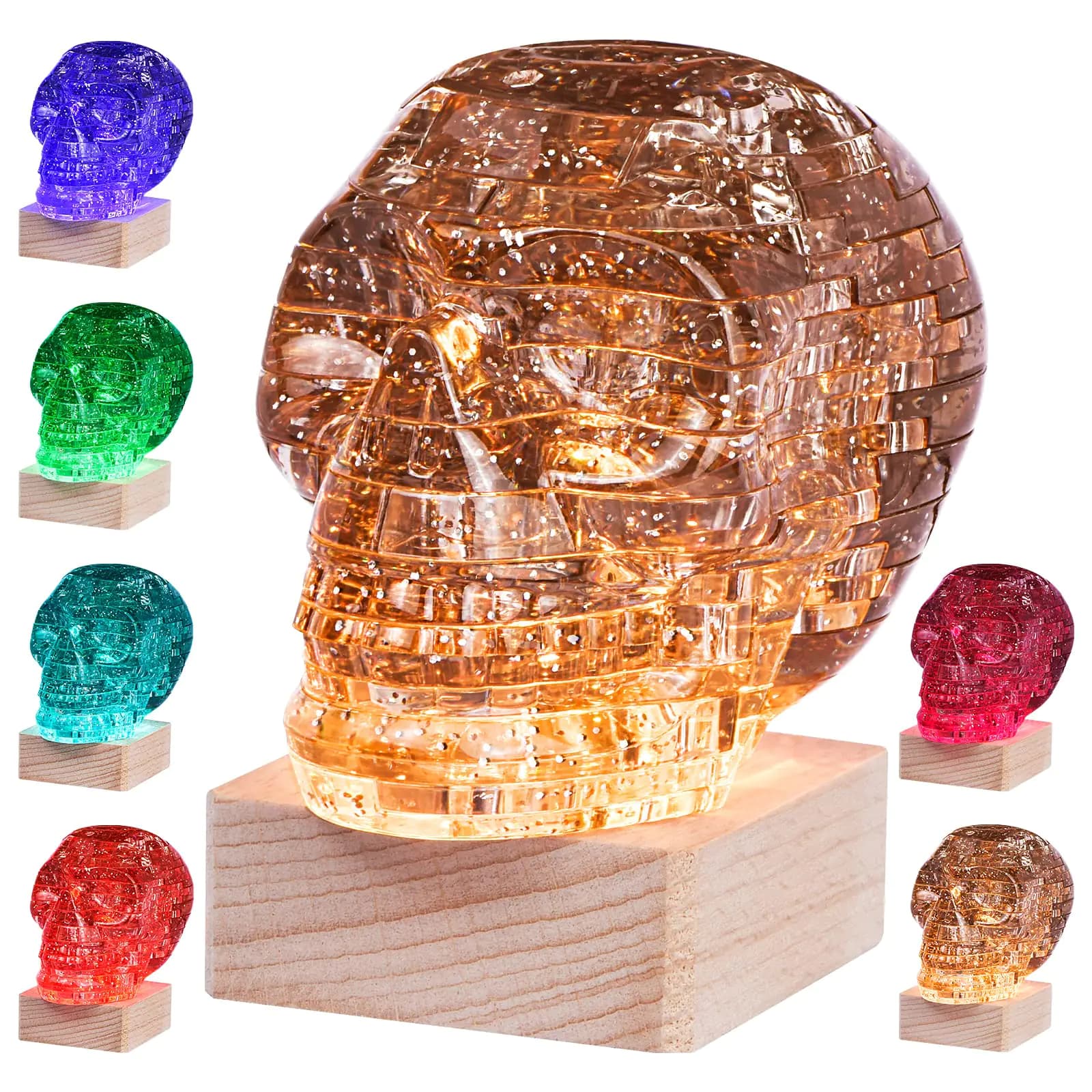 3D Skull Crystal Puzzle Skull Assembly Brain Teaser with Light-Up Wood Base for Halloween Decorations Outdoor Plastic Skull DIY Puzzle Blocks 3D Model Toy Gift for Adults Kid 14+ 49pcs (Grey)