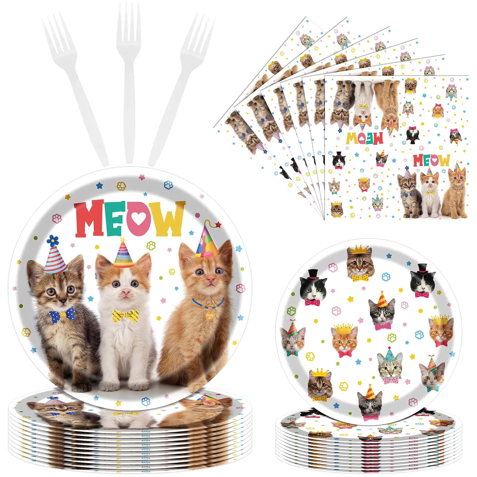 Cat Birthday Party Tableware Set for 24 Guests